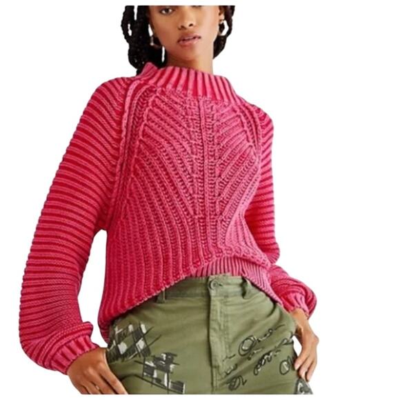 Free People Sweaters - Free People S Sweetheart Chunky Knit Sweater Balloon Sleeves Pink Mock Neck